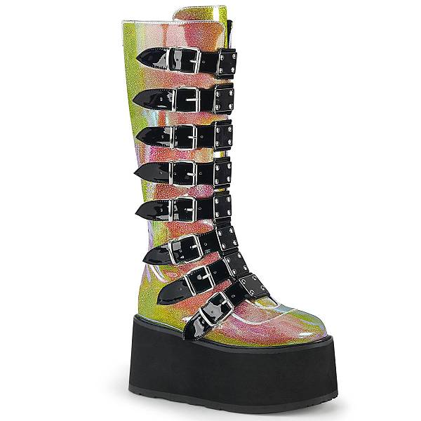 Demonia Women's Damned-318 Knee High Platform Boots - Pink Shifting Glitter Vegan Leather D6248-90US Clearance